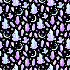Wall Mural - light crystals and crescents on a black background. seamless pattern