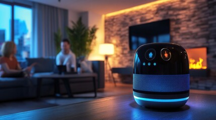 Leinwandbilder - Smart speaker engages with family in warm living room during evening gathering as technology enhances daily routine