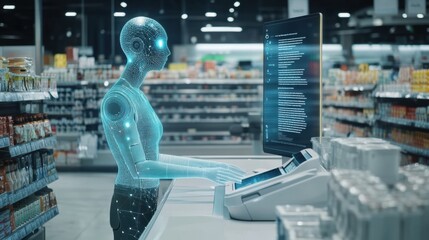 Aufkleber - Smart cashier utilizes AI technology to streamline checkout process in a modern supermarket environment