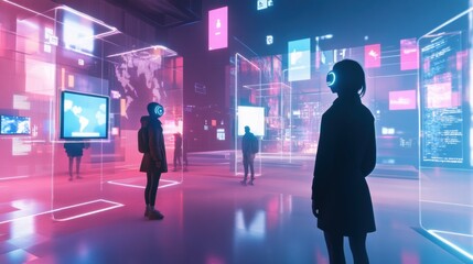 Fototapete - Digital avatars interact within a vibrant metaverse lobby featuring holographic screens and interfaces for enhanced social connection and engagement