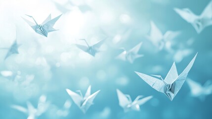 Wall Mural - soft blue gradient sky with fluffy white clouds and drift of origami birds floating in peaceful atmo
