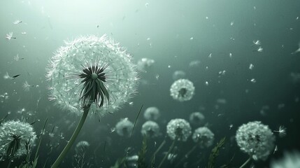 Wall Mural - whimsical digital illustration of dandelion puff seeds floating through a dreamy green background