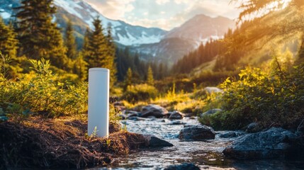 Poster - Water filter enhances eco friendly living in a serene forest setting surrounded by mountains and flowing streams
