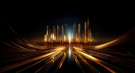 Wall Mural - abstract depiction of a city skyline composed of radiant golden light streaks against a dark backgro