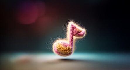 Wall Mural - a soft, pink and orange musical note with a fuzzy texture and glowing outline stands out against a d