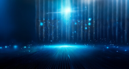 Poster - bright blue spotlights illuminate a stage, with sparkling beams creating a futuristic and dynamic at