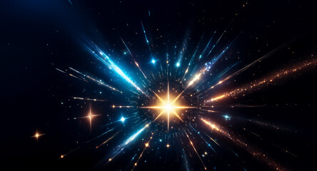 Wall Mural - brilliant starburst of light explodes in the dark space. radiant blue and gold rays emanate from a c