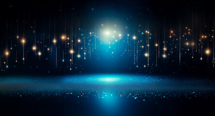 Wall Mural - abstract scene with a dark backdrop illuminated by a central bright blue light. golden particles cas