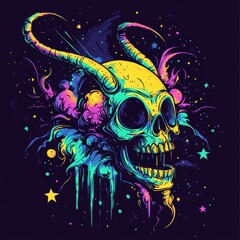 Wall Mural - neon alien skull with antennas surrounded by colorful cosmic elements and vibrant patterns
