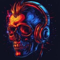 Wall Mural - glowing skull with headphones artwork featuring vivid colors and electric energy for music and art l