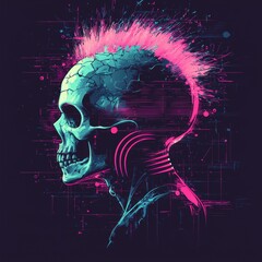 Wall Mural - digital glowing skull with wave patterns in neon colors and futuristic design elements