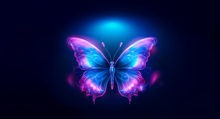 Wall Mural - vibrant butterfly with glowing blue and purple wings is centered against a dark backdrop. the insect