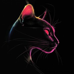 Wall Mural - glowing neon feline skull design with whiskers and bright colors against a dark background