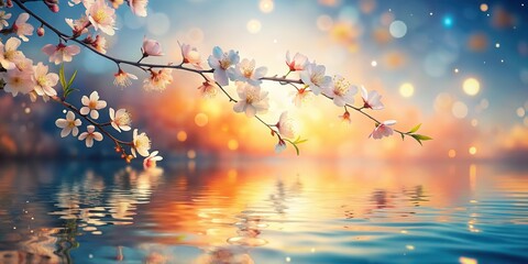 Wall Mural - Serene Blossom Reflection Delicate branch of springtime flowers gracefully arches over tranquil water, mirrored in the sunset's warm glow.
