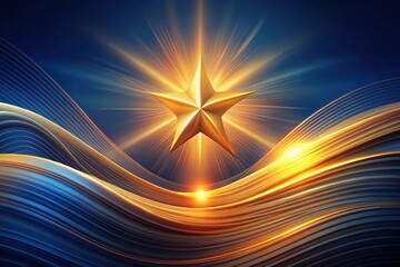 Wall Mural - golden star ascending over abstract wavy lines of gold and blue light