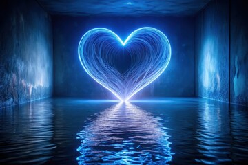 Wall Mural - ethereal heart glowing luminescence reflecting on still water within a dark chamber