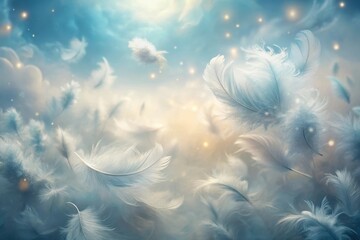 Wall Mural - Ethereal Flight Soft White Feathers Dancing in a Gentle Breeze, Illuminated by a Warm, Heavenly Glow