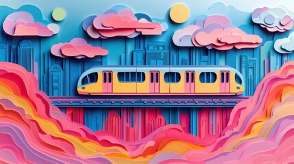 Wall Mural - colorful abstract background featuring stylized trains and tracks in a vibrant paper-craft style
