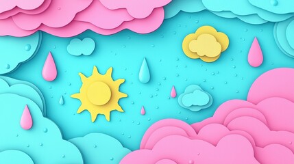 Wall Mural - colorful abstract background with sun and raindrops in playful design featuring blue, pink, and yell