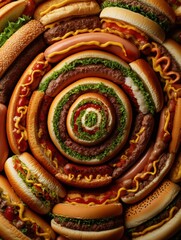 Poster - Delightful arrangement of burgers and hot dogs in a golden ratio spiral design for a festive celebration or outdoor event