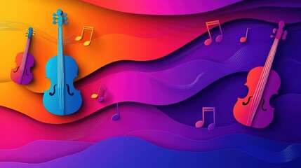 Wall Mural - abstract colorful background featuring musical instruments and floating notes in vibrant shades of o