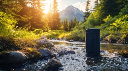 Poster - Water filter nestled in a tranquil forest setting surrounded by clear streams and majestic mountains under soft sunlight