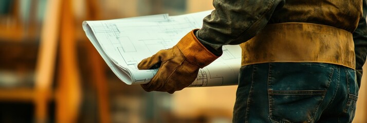 Leinwandbilder - Hand in safety glove holds blueprint on construction site with space for text, showcasing important details about ongoing project