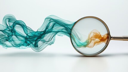 Sticker - elegant magnifying glass surrounded by teal and yellow smoke intermingling in a captivating visual c