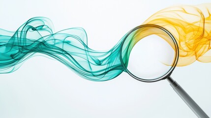 Wall Mural - teal and yellow smoke swirling around a magnifying glass on a light background