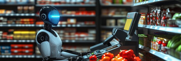 Aufkleber - Smart cashier uses AI technology to automate checkout in a bustling supermarket environment