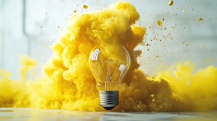 Wall Mural - bright yellow light bulb surrounded by vibrant yellow smoke, illuminate and radiate creativity and e