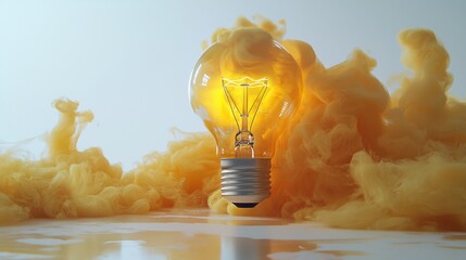 Wall Mural - bright yellow light bulb radiating smoke in artistic composition against soft background