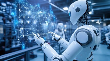 Fototapete - Automated factory with robotic machines and AI controlling production processes for efficient industrial operations