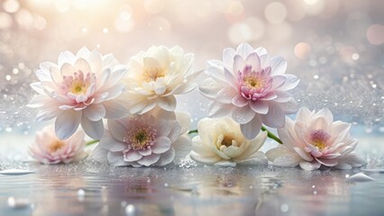 Wall Mural - Delicate pastel blossoms, glistening with morning dew, rest gently on a serene reflective surface, creating a tranquil and elegant floral arrangement