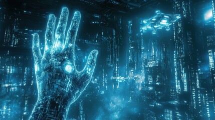 Wall Mural - futuristic digital banner featuring ai technology and a glowing hand in a cybernetic landscape with 