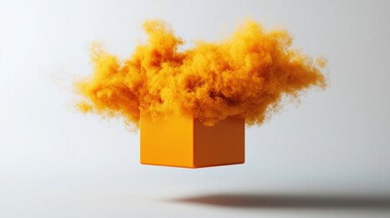 Wall Mural - floating yellow cube surrounded by swirling smoke against a minimalist background