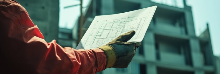 Leinwandbilder - Construction worker examines blueprint at building site during daylight, showcasing planning and safety measures