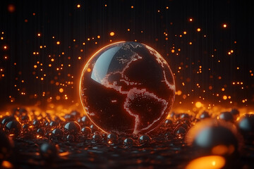 Aufkleber - Planet earth glowing with digital orange light and data flowing around it