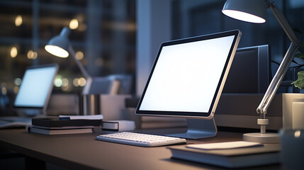 Poster - Modern office desk showing a computer with blank screen at night