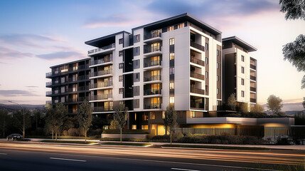 Poster - Modern apartment building with balconies at dusk, urban living
