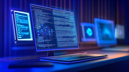 Computer showing futuristic code and data analysis on multiple screens in a dark room