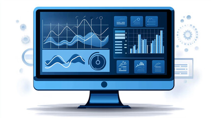 Poster - Computer monitor displaying statistical business data analysis charts and diagrams