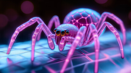 Fototapete - Pink and purple futuristic robot spider crawling on circuit board