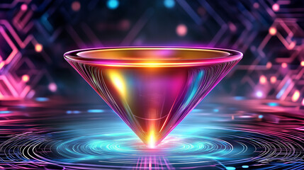 Leinwandbilder - Glowing futuristic cone emitting light beams and rings on digital circuit background