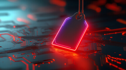 Poster - Neon price tag hanging over futuristic glowing circuit board