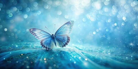 Wall Mural - A Serene Blue Butterfly Resting on a Sparkling, Iridescent Surface in a Dreamlike, Magical Setting