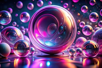 Wall Mural - abstract iridescent spheres floating in vibrant cosmic nebulae, reflecting inner and outer light