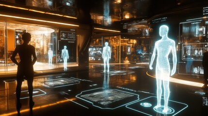 Fototapete - Digital avatars engage in social interaction within a holographic lobby, showcasing the immersive nature of the metaverse environment