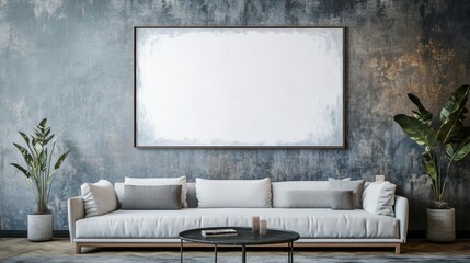 Poster - Cozy modern minimal living room interior featuring a blank white canvas in a wooden frame against an artistic textured wall background
