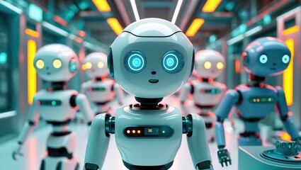 Wall Mural - isolated on white, robots used for automation or as assistants.